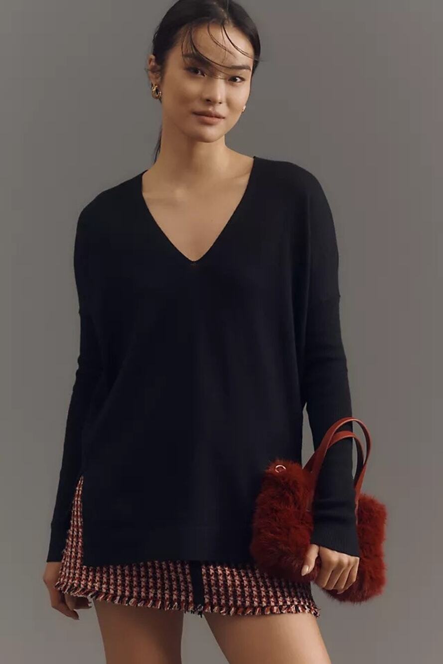 Anthropologie Maeve NWT V-Neck Pullover Sweater in Black Sz S Cotton Cashmere